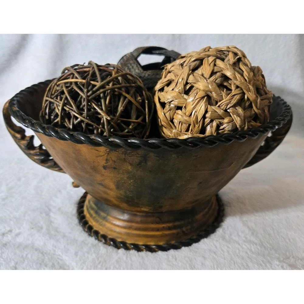Vintage-style Metal Centerpiece Pedestal Bowl Rope Style Trim 3 Woven Balls
